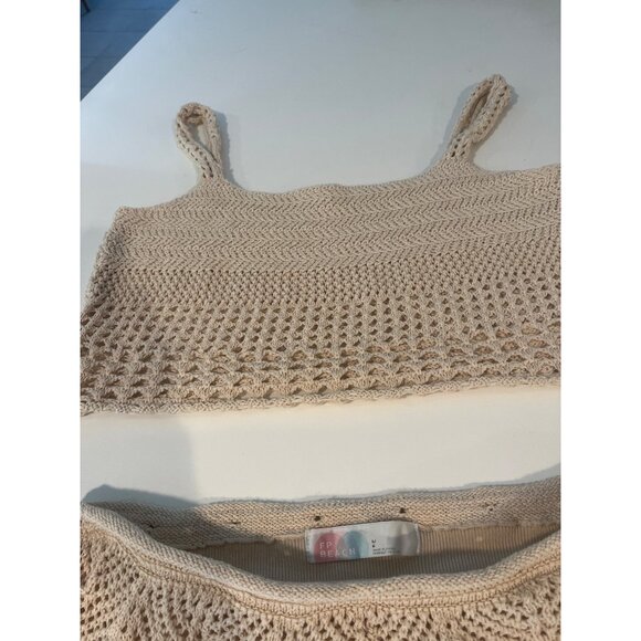 Beige Crochet Crop Top & Skirt Set By FP Beach U.S. Small Handmade-Look Knit Lig - Picture 2 of 10